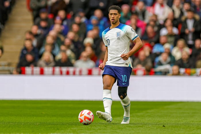 Jude Bellingham pictured playing for England against Ukraine in March 2023
